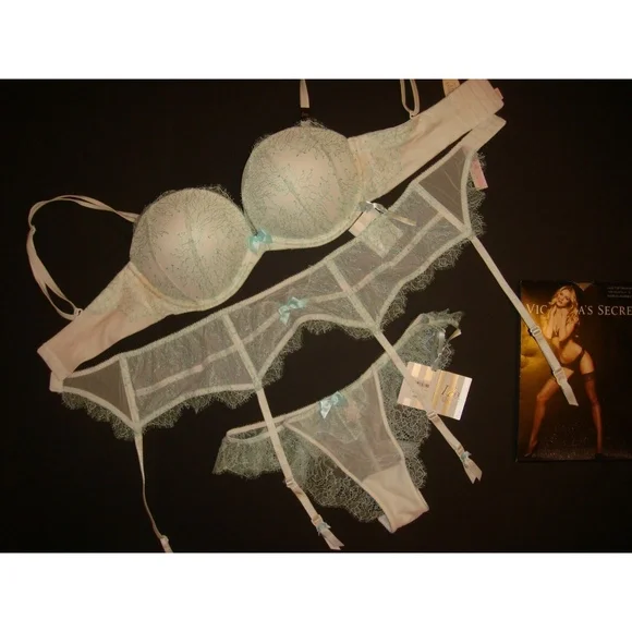 Victoria's Secret 32B BRA SET+garter CORSET+S SLIP Bridal white mint blue I DO